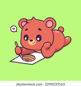 Cute Bear Drawing Honey Comb On Paper Cartoon Vector Icon Illustration. Animal Education Icon Concept Isolated Premium Vector. Flat Cartoon Style