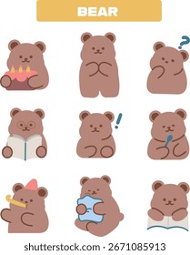 A cute bear drawing performing nine different movements.