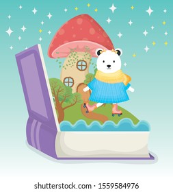 cute bear with dress and roller skate book fantasy fairy tale vector illustration