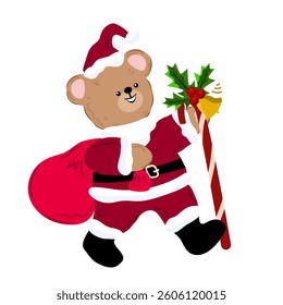 
Cute bear dressed as Santa Claus with a staff and a red gift bag.