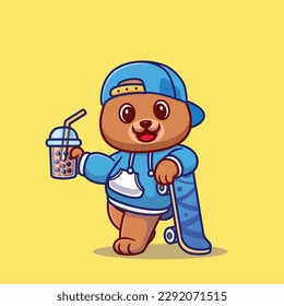 cute bear drink boba milk tea with skateboard cartoon vector icon illustration animal drink icon