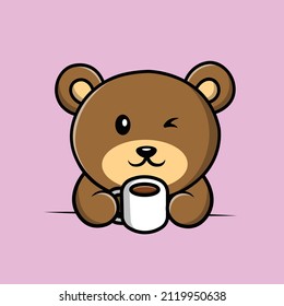 Ilustración del icono del vector de dibujos animados de café con bebida de oso suave. Vector Premium Aislado De Icono De Alimentos Animales. Estilo de dibujo plano