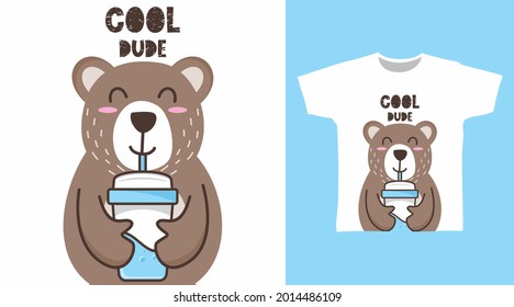 Cute bear drink illustration t-shirt design vector concept.
