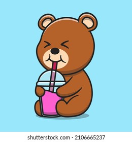 Cute bear drink juice cartoon vector icon illustration. animal drink icon concept isolated premium vector. flat cartoon style