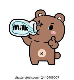 Cute Bear Drink Milk Cartoon Vector Illustration. Flat Cartoon Style