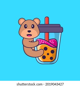 Cute bear Drinking Boba milk tea. Animal cartoon concept isolated. Can used for t-shirt, greeting card, invitation card or mascot.