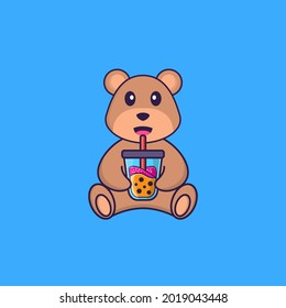 Cute bear Drinking Boba milk tea. Animal cartoon concept isolated. Can used for t-shirt, greeting card, invitation card or mascot.