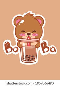 a cute bear drinking boba tea. cartoon character and mascot illustration concept.