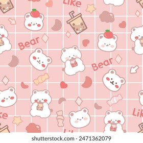 Cute Bear Drinking Boba Tea Strawberry Tea With The Word Like And Bear, Pastel Pink Background For Printing CMYK