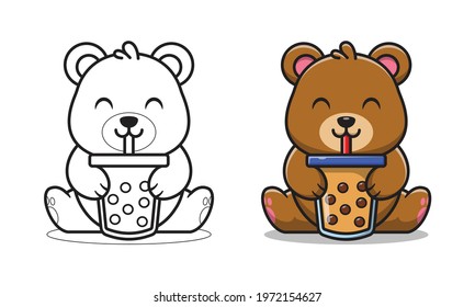 Cute bear drinking bubble tea cartoon coloring pages