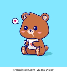 Cute Bear Drinking Coffee Cartoon Vector Icon Illustration. Animal Drink Icon Concept Isolated Premium Vector. Flat Cartoon Style