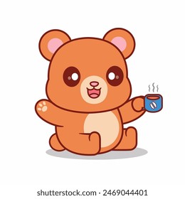 Cute Bear Drinking Coffee Cartoon Vector Icon Illustration. Animal Drink