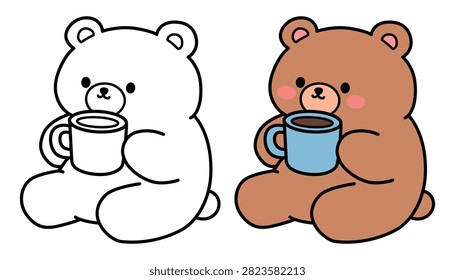 Cute Bear Drinking Hot Chocolate Coloring Page for Kids. Fun Cozy Drink Coloring Page, A Little Bear Enjoying a Warm Cup of Hot Chocolate with Easy Black and White Line Art with Bold Simple Outlines and Large Coloring Areas. Fun Winter Beverage Theme with Delicious Hot Chocolate and Cute Animal Coloring Page Perfect for Kids, Toddlers, Preschoolers, Kindergarten Students, Homeschool Activities Printable and Creative Learning Fun.
