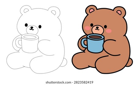 Cute Bear Drinking Hot Chocolate Coloring Page for Kids. Trace and Color a Cute Bear. Fun Cozy Drink Coloring Page, A Little Bear Enjoying a Warm Cup of Hot Chocolate with Easy Black and White Line Art with Bold Simple Outlines and Large Coloring Areas. Fun Winter Beverage Theme with Delicious Hot Chocolate and Cute Animal Coloring Page Perfect for Kids, Toddlers, Preschoolers, Kindergarten Students, Homeschool Activities Printable and Creative Learning Fun.