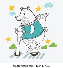 cute bear drive character design hand drawn vector illustration, can use for kids t-shirt design,baby invitation card. -vector