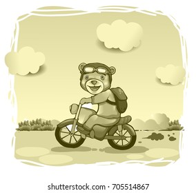 cute bear drive motorcycle and vintage background, cover design, wallpaper, children book, vector cartoon illustration