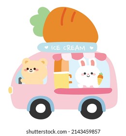 Cute bear drive pink van have big carrot.Rabbit sell carrot ice cream.Animals character cartoon design.Kawaii.Easter day.Vector.Illustration.