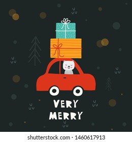 Cute bear drives a car with presents.Vector illustration, Christmas greeting card.
