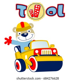 Cute bear driving asphalt paver car, vector cartoon illustration