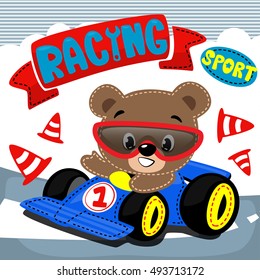 Cute bear driving a blue racing car on street. Vector print for children wear. 