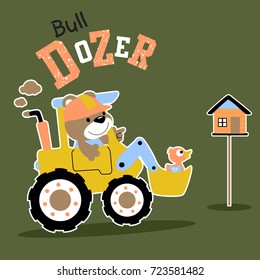 cute bear driving bulldozer with little duck, vector cartoon illustration