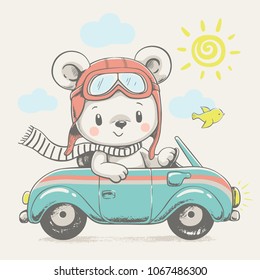 Cute bear driving the car cartoon hand drawn vector illustration. Can be used for t-shirt print, kids wear fashion design, baby shower invitation card.