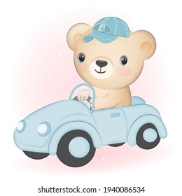 Cute Bear driving the car cartoon hand drawn illustration