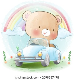 Cute Bear Driving A Car cartoon illustration , for cover book, print, baby shower, nursery decorations, birthday invitations, poster, greeting card