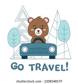 Cute Bear Driving The Car Cartoon Illustration.