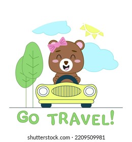 Cute Bear Driving The Car Cartoon Illustration