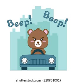 Cute Bear Driving The Car Cartoon Illustration