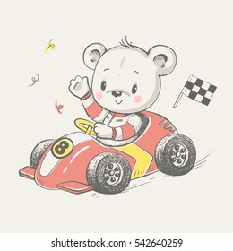 Cute bear driving a car cartoon hand drawn vector illustration. Can be used for t-shirt print, kids wear fashion design, baby shower invitation card.