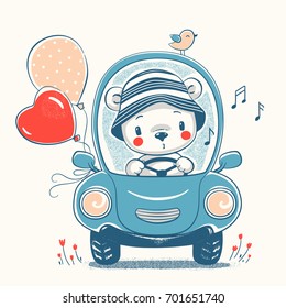 Cute bear driving the car cartoon hand drawn vector illustration. Can be used for t-shirt print, kids wear fashion design, baby shower invitation card.