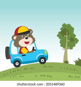 Cute bear driving a car go to forest funny animal cartoon. Creative vector childish background for fabric, textile, nursery wallpaper, poster, card, brochure. and other decoration.