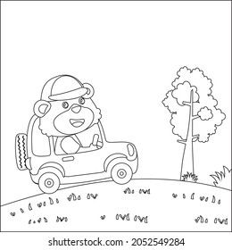 Cute bear driving a car go to forest funny animal cartoon. Childish design for kids activity colouring book or page.