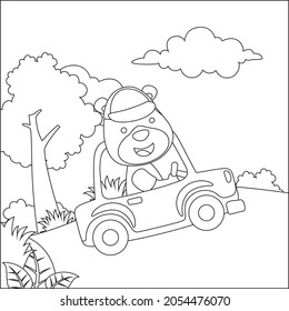 Cute bear driving a car go to forest funny animal cartoon. Childish design for kids activity colouring book or page.