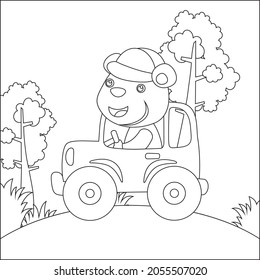 Cute bear driving a car go to forest funny animal cartoon. Childish design for kids activity colouring book or page.