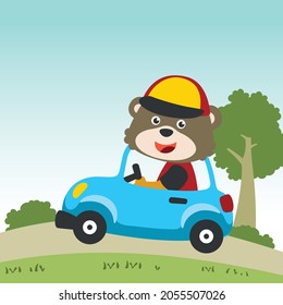 Cute bear driving a car go to forest funny animal cartoon. Creative vector childish background for fabric, textile, nursery wallpaper, poster, card, brochure. and other decoration.
