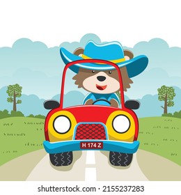 cute bear driving a car go to forest funny animal cartoon. Creative vector childish background for fabric, textile, nursery wallpaper, poster, card, brochure. and other decoration.
