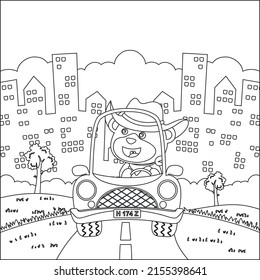 Cute bear driving a car go to forest funny animal cartoon. Childish design for kids activity colouring book or page.