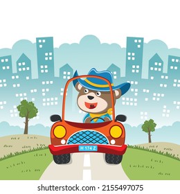 cute bear driving a car go to forest funny animal cartoon. Creative vector childish background for fabric, textile, nursery wallpaper, poster, card, brochure. and other decoration.