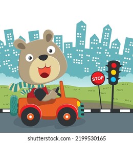 cute bear driving a car go to forest funny animal cartoon. Creative vector childish background for fabric, textile, nursery wallpaper, poster, card, brochure. and other decoration.