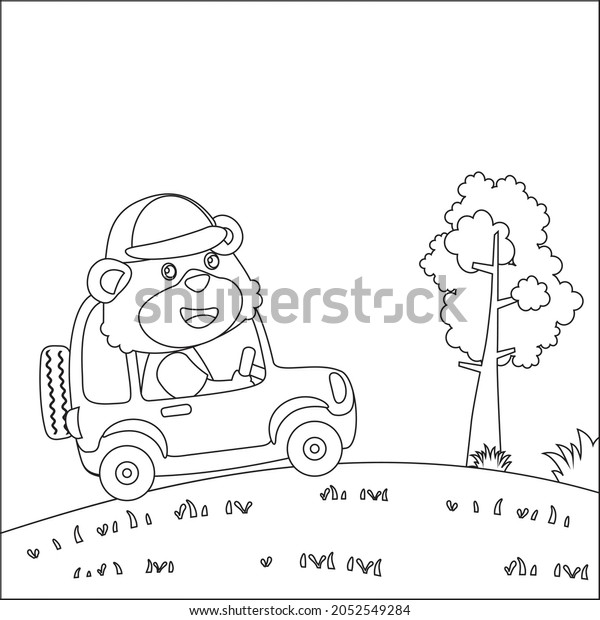 Cute\
bear driving a car go to forest funny animal cartoon. Childish\
design for kids activity colouring book or\
page.