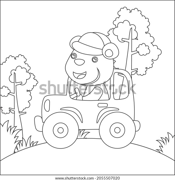Cute\
bear driving a car go to forest funny animal cartoon. Childish\
design for kids activity colouring book or\
page.