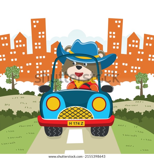 cute bear\
driving a car go to forest funny animal cartoon. Creative vector\
childish background for fabric, textile, nursery wallpaper, poster,\
card, brochure. and other\
decoration.