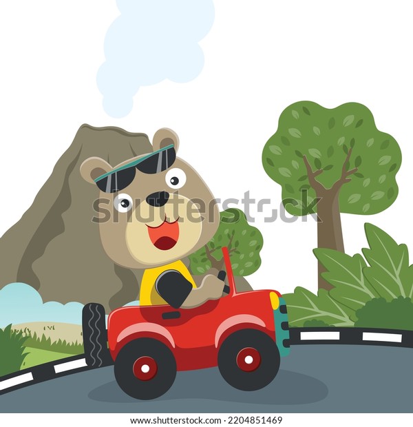 Cute bear\
driving a car go to forest funny animal cartoon. Creative vector\
childish background for fabric, textile, nursery wallpaper, poster,\
card, brochure. and other\
decoration.