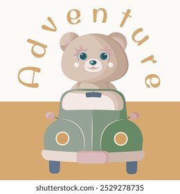 Cute bear driving a car kids room poster. Adventure