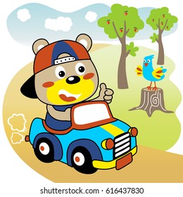 Cute bear driving car, little bird perching on tree stump, vector cartoon illustration
