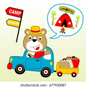Cute bear driving car puling bags on cart, camping elements, vector cartoon illustration