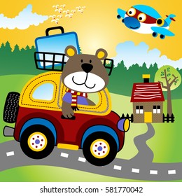Cute bear driving car within homecoming trip on rural scene background, funny airplane flying, vector cartoon illustration
